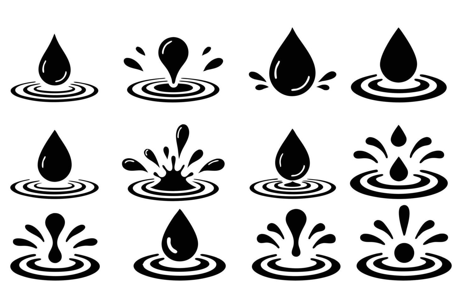Water Drop and Splash Silhouette Set Icons of Droplets, Ripples, and Liquid Effects vector