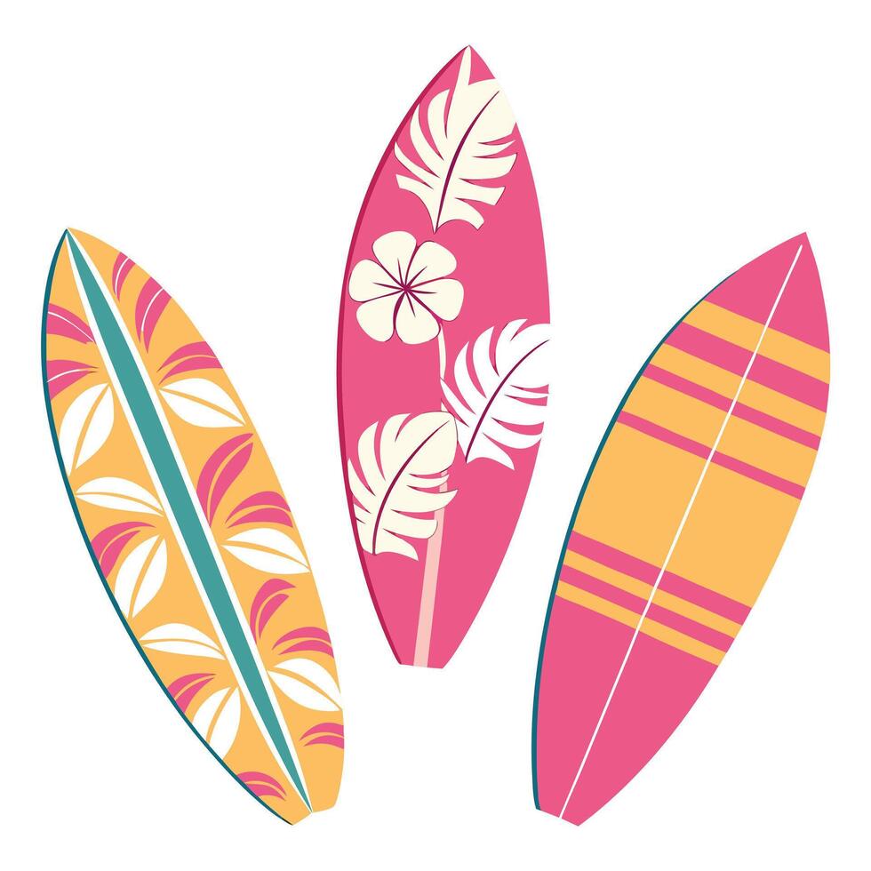 Summer Surfboard Set with Tropical Floral and Striped Patterns vector