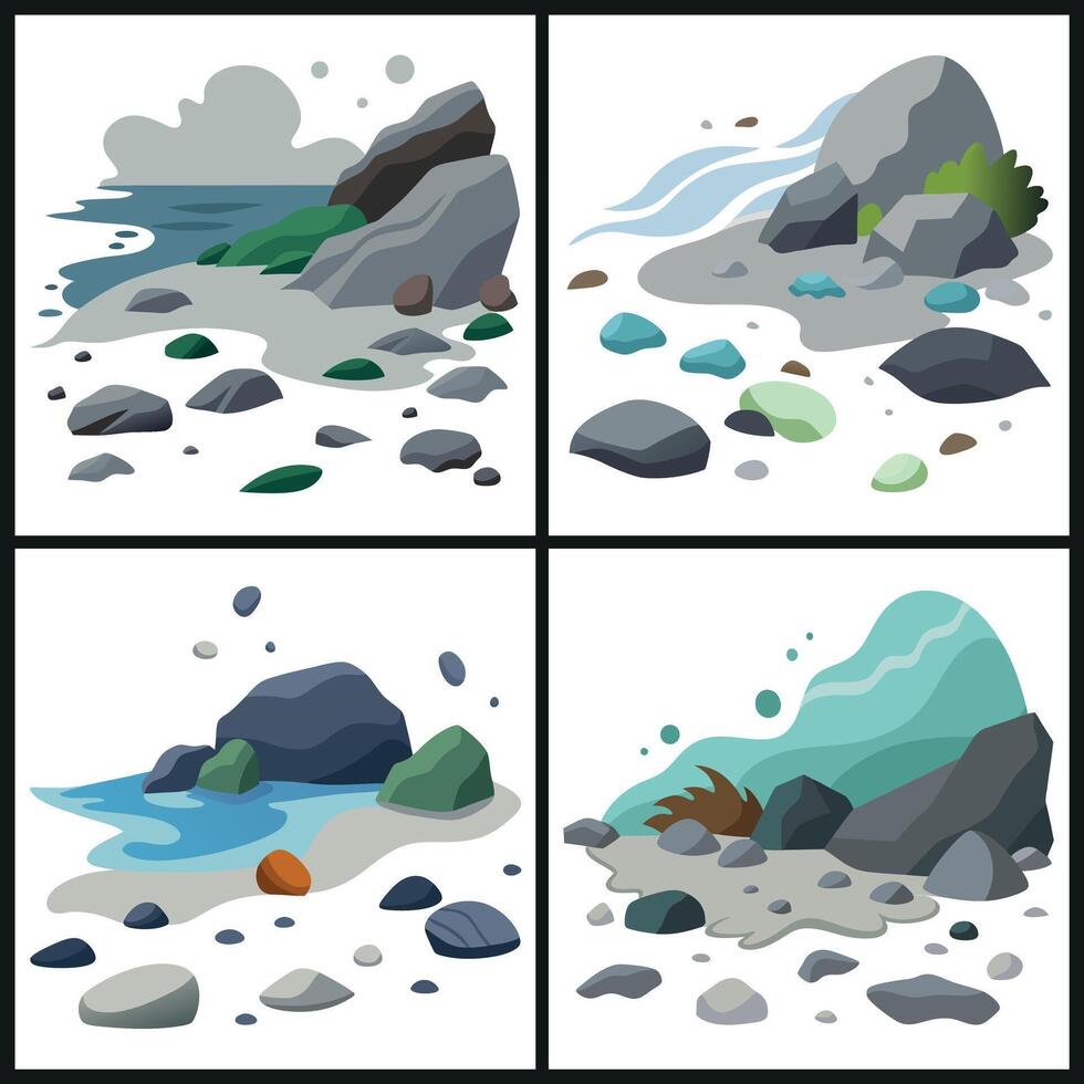 Scenic rocky shoreline illustration with ocean waves and coastal stones in flat artistic style vector