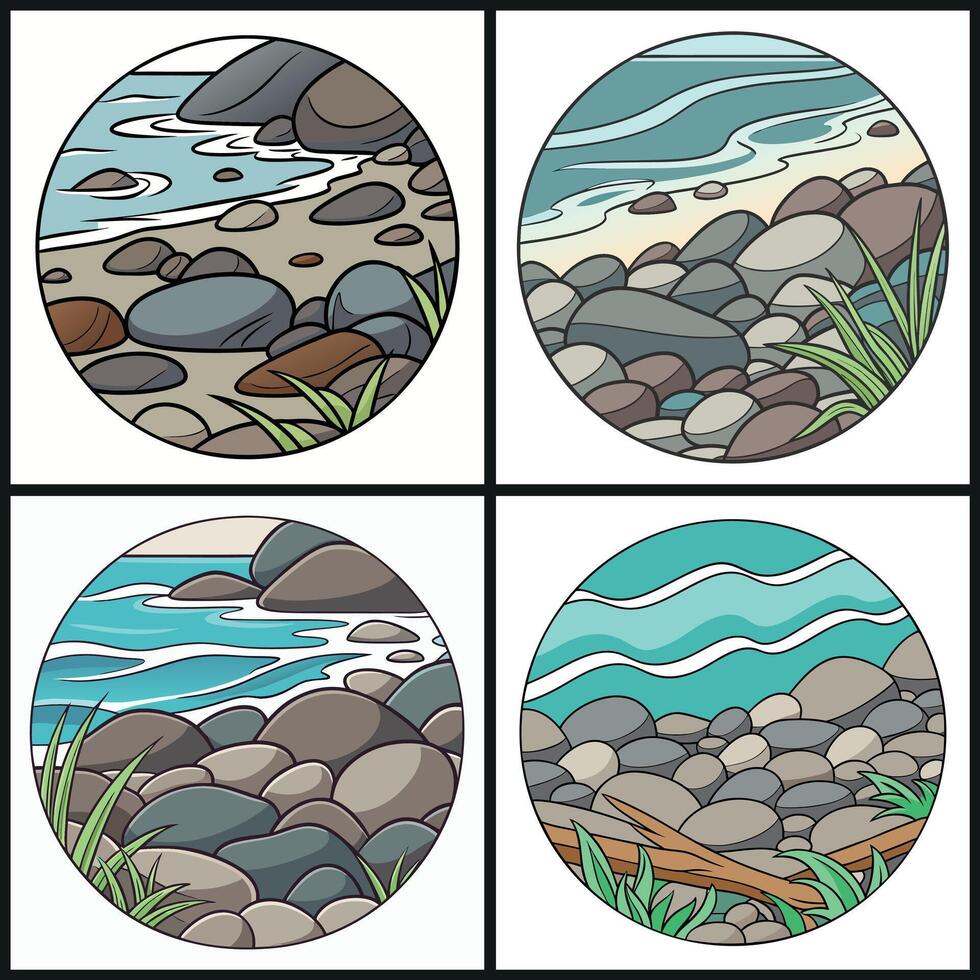 Peaceful coastal shore illustrations with round rocky beaches, waves, and grassy foregrounds in flat nature style vector
