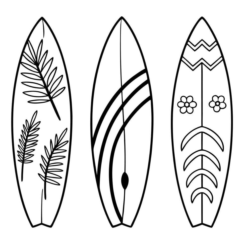 Hand Drawn Surfboard Set with Floral and Striped Line Art Designs vector