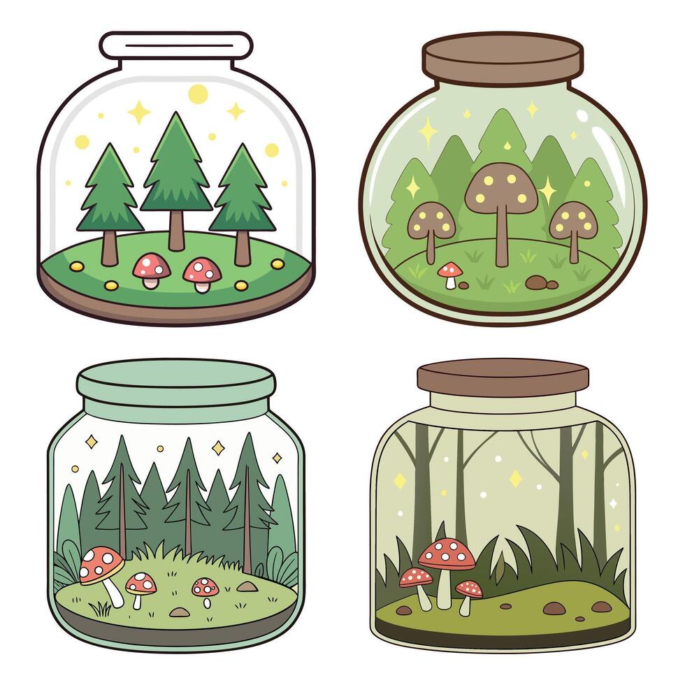 Enchanted Forest Scenes in Glass Jars with Mushrooms and Pine Trees, Cute Nature Terrarium Set Illustration vector