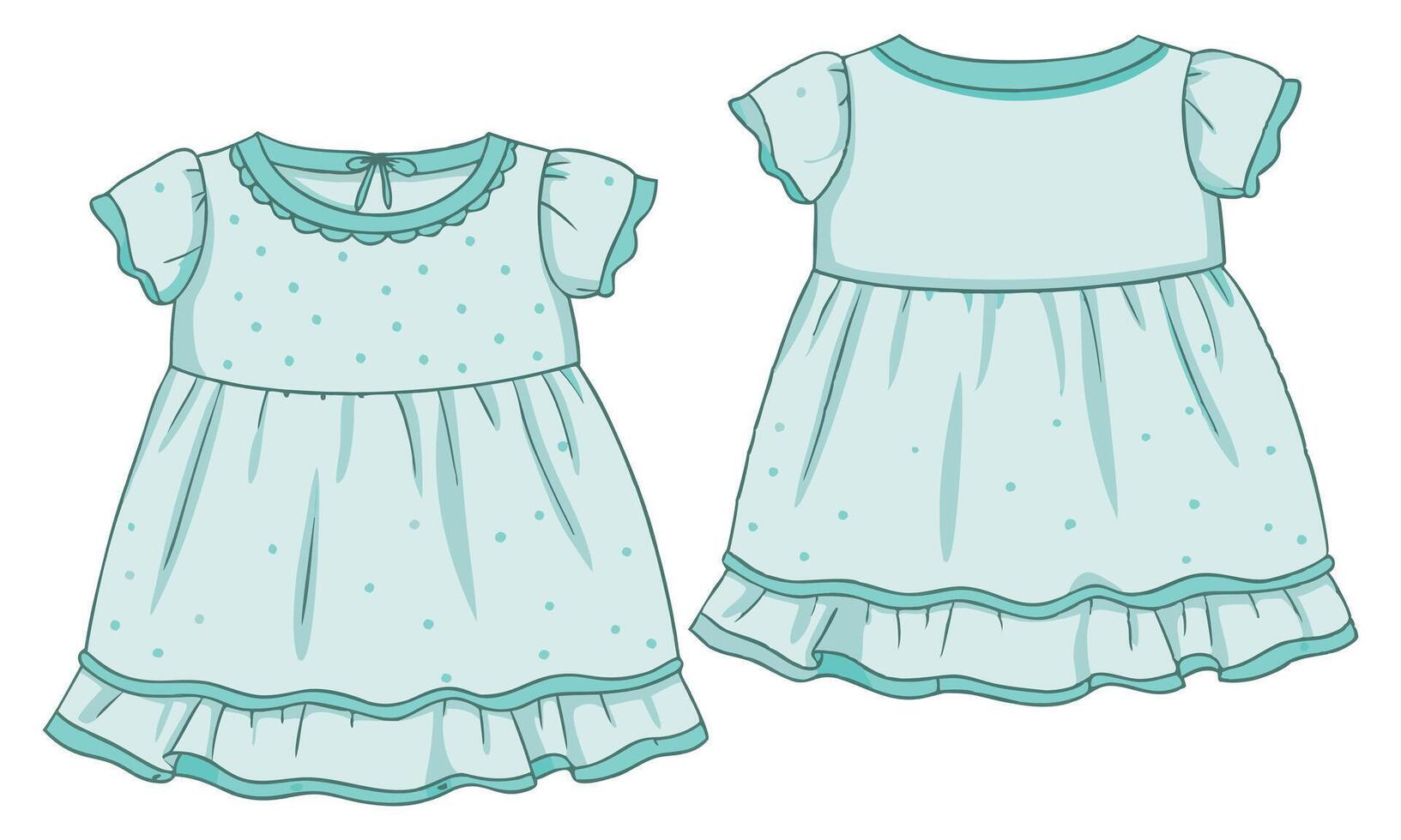Green colored Baby girls dress design front and back view vector