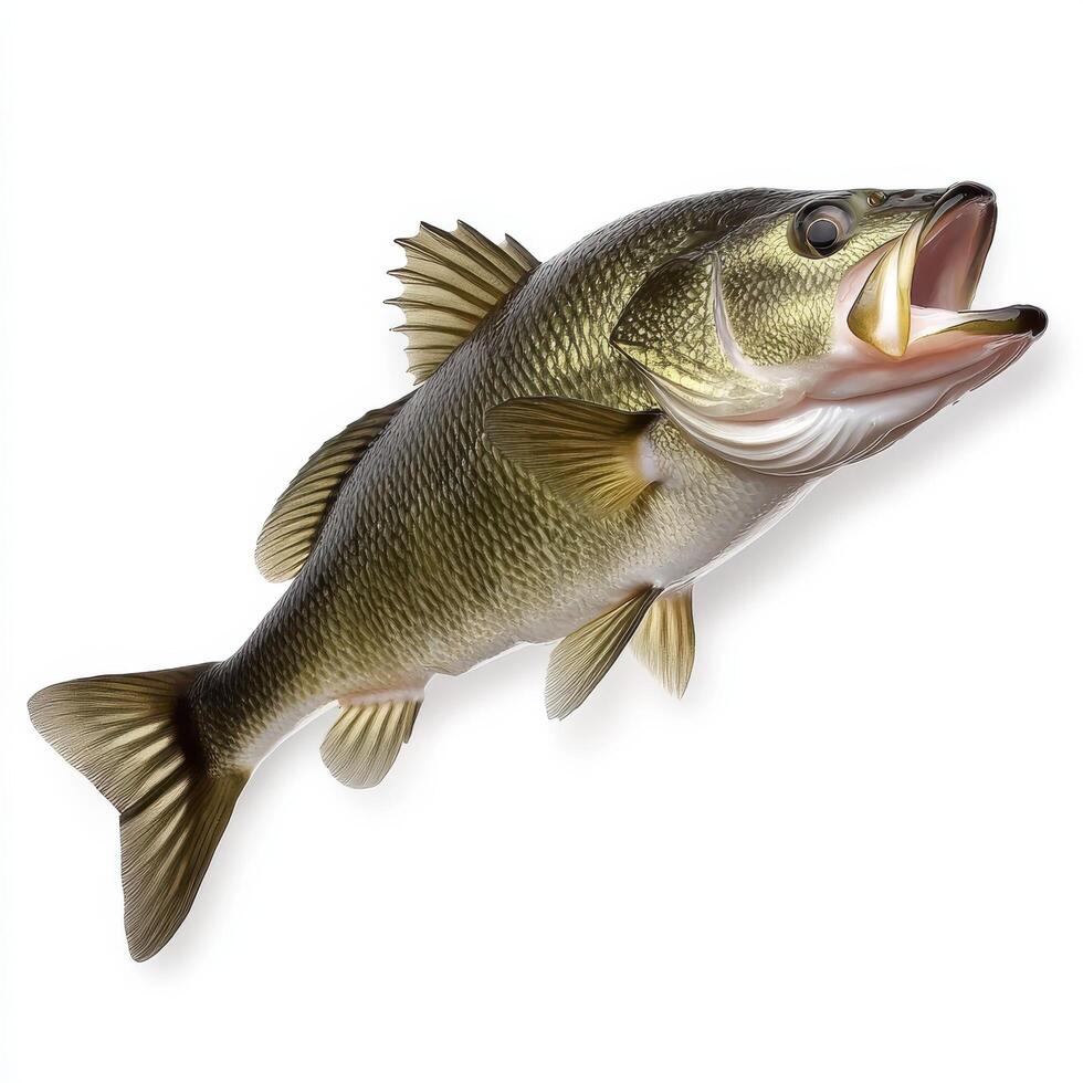Largemouth Bass Fish With Mouth Open On White Background Close Up Studio Shot photo