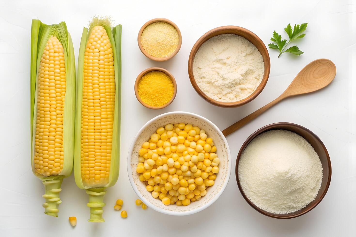 Two ears of corn beside bowls of cornmeal, grits, and polenta on white photo