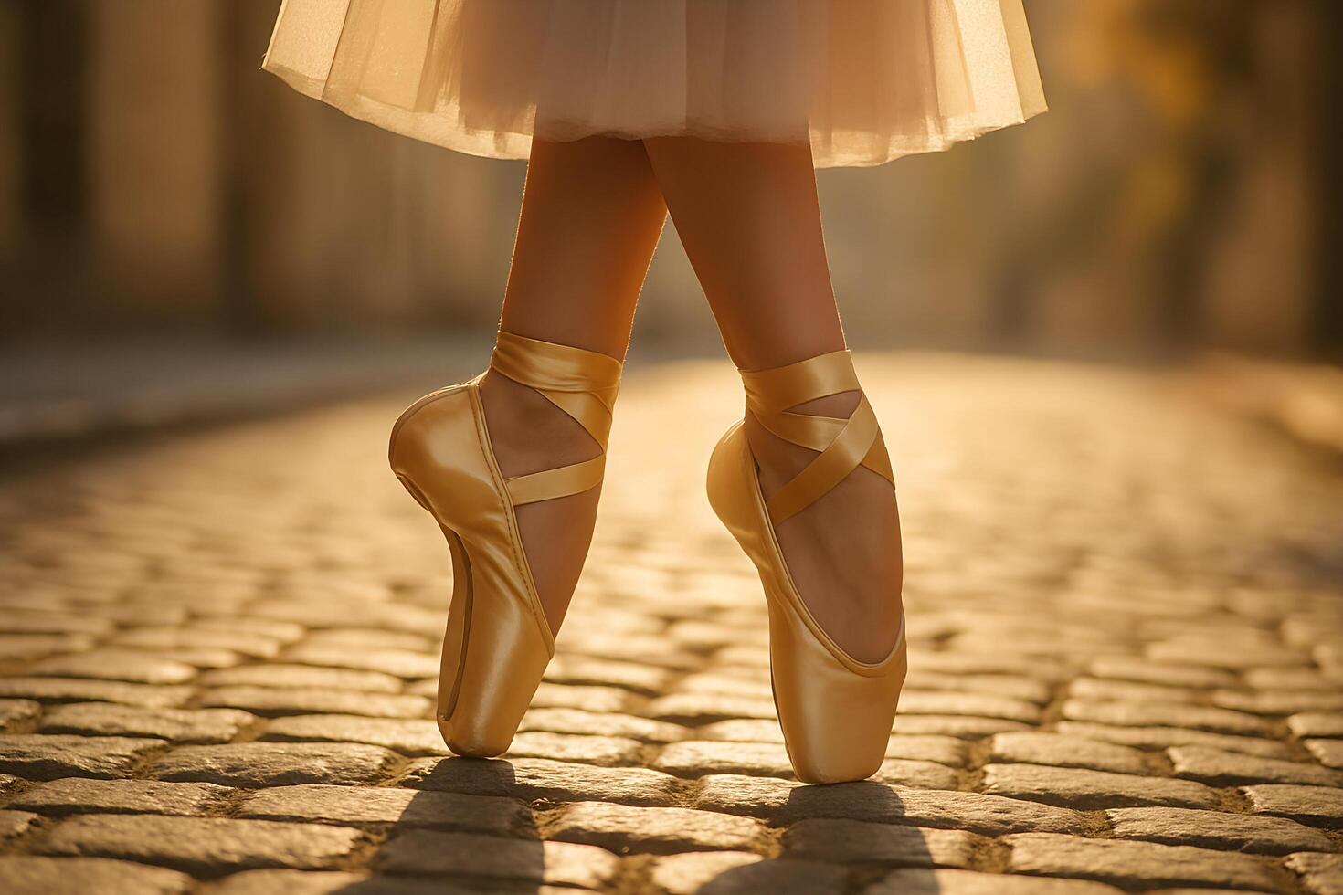 Ballerina stands en pointe on cobblestone street with golden ballet shoes and a light tulle skirt photo