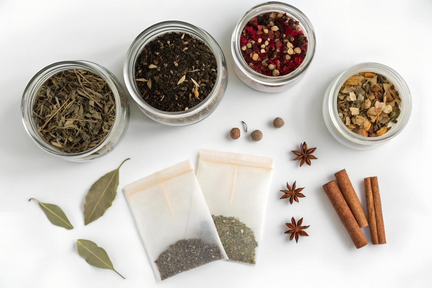 Assorted culinary herbs and spices are displayed in jars and bags against a white background photo