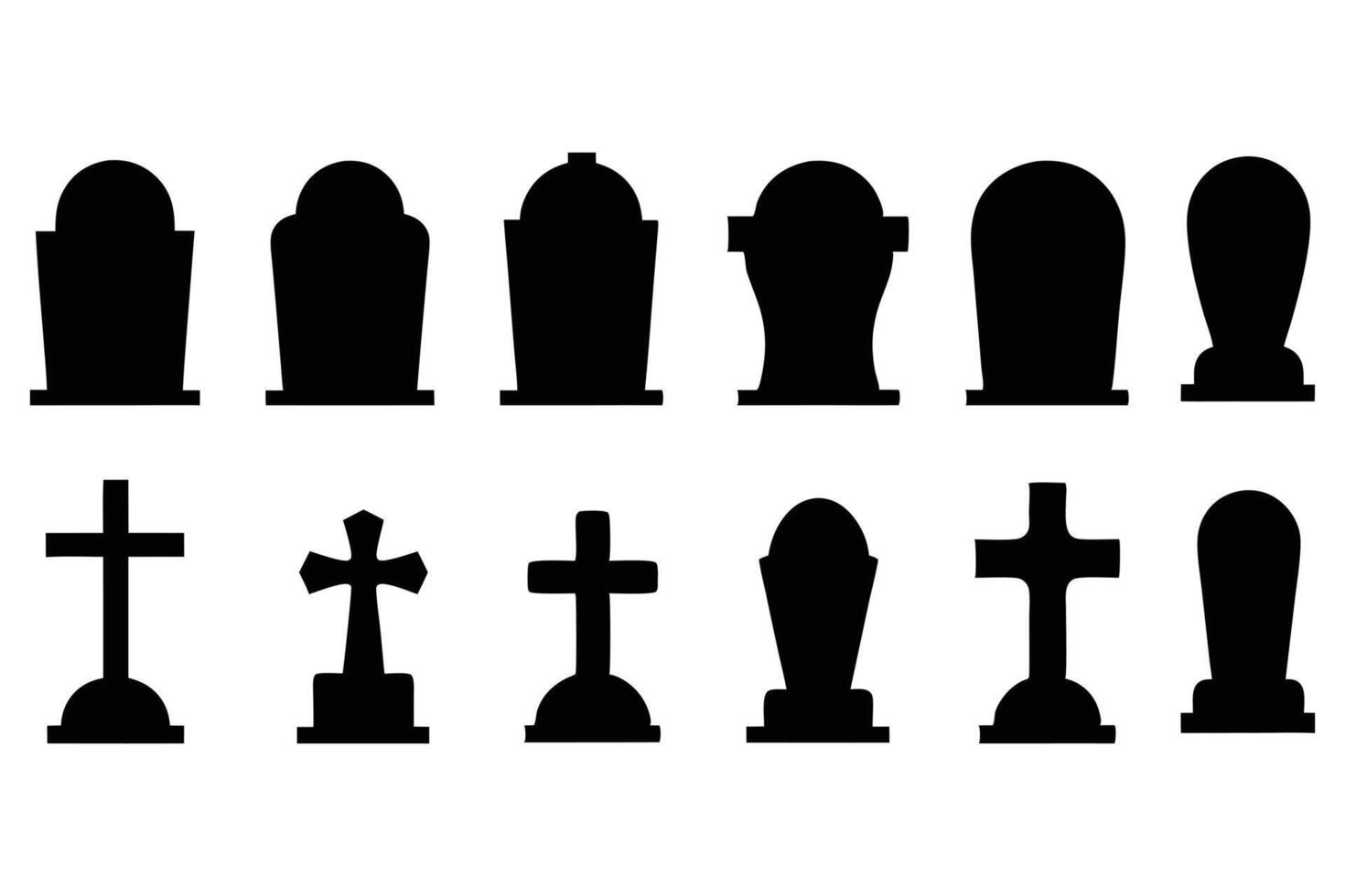 Gravestone and Tombstone Silhouette Set 12 Black Cemetery and Cross Headstone Icons for Halloween and Memorial Design vector