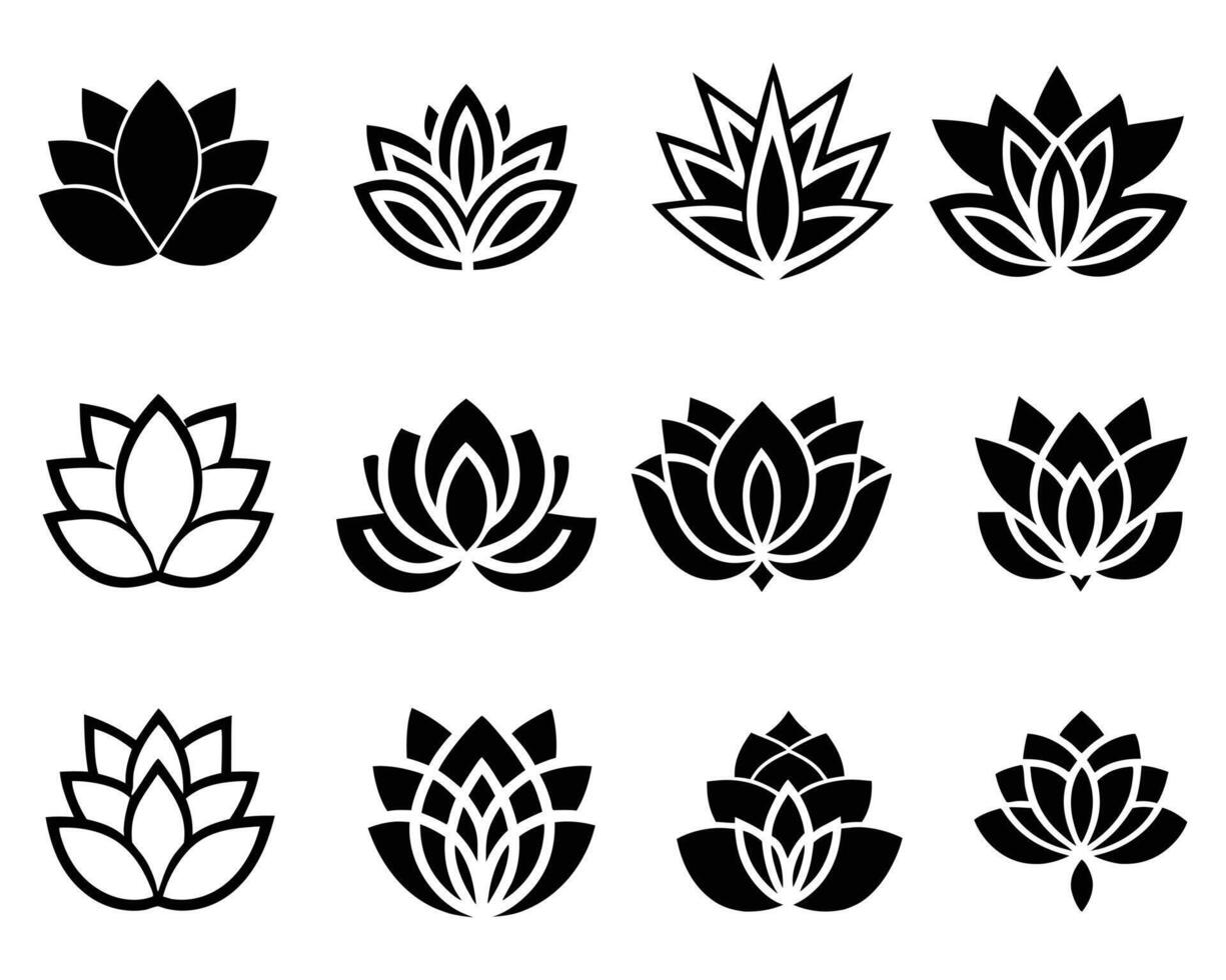 Set of Black Lotus Flower Icons and Silhouettes in Various Designs vector