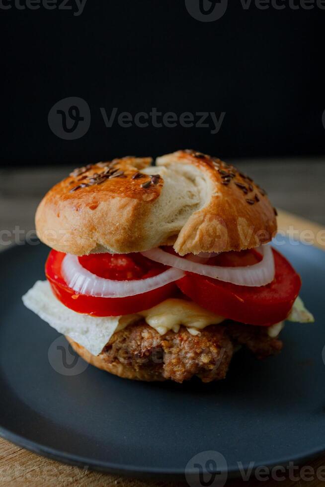 a hamburguer with meat, onions and tomatoes on a plate photo