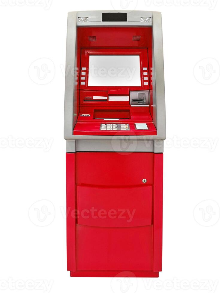 Red ATM, blank white screen for text input, on white background. photo