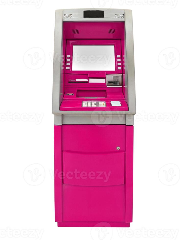 Pink ATM, blank white screen for text entry, on white background. photo
