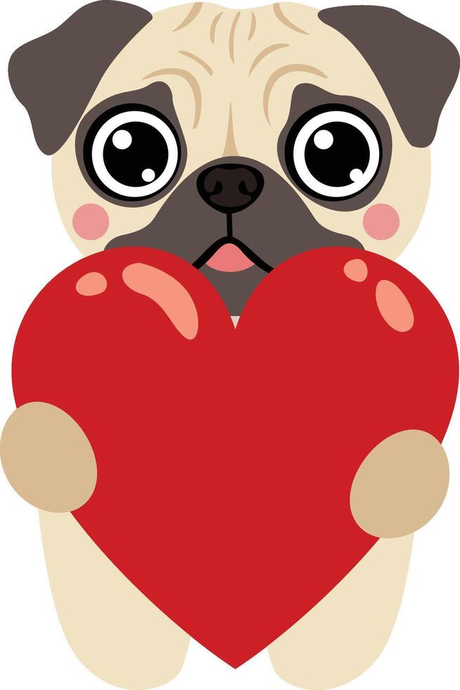 Cute Pug Dog Holding a Red Heart vector