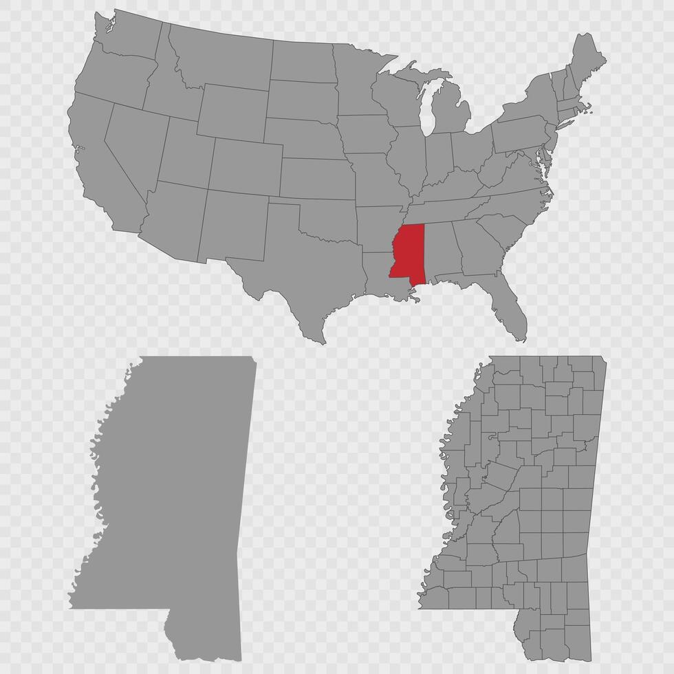 Mississippi map set with USA location, clean outline, and full county breakdown. vector