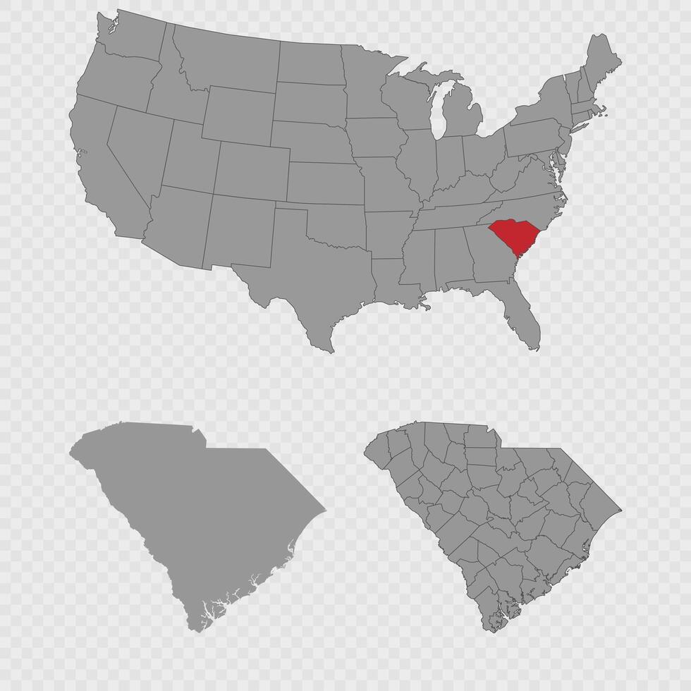 South Carolina map set with USA location, clean outline, and full county breakdown. vector