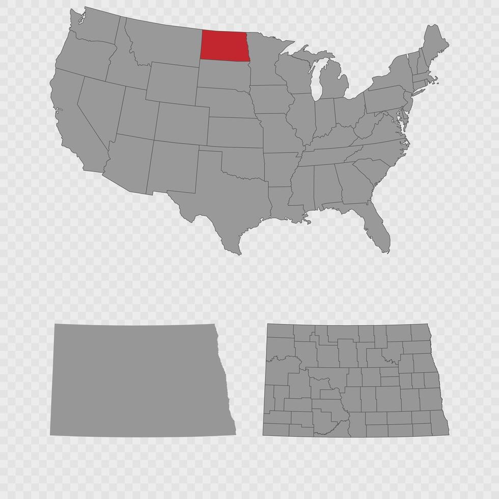 North Dakota map set with USA location, clean outline, and full county breakdown. vector