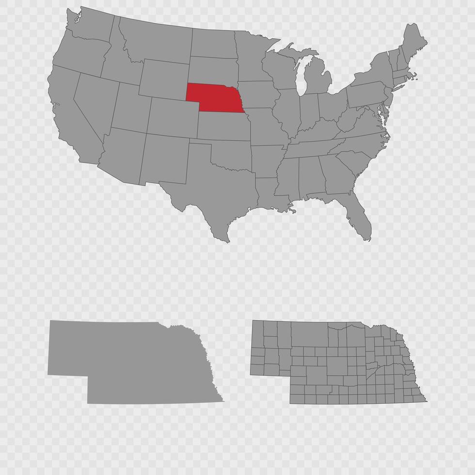 Nebraska map set with USA location, clean outline, and full county breakdown. vector