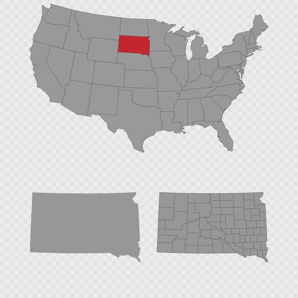 South Dakota map set with USA location, clean outline, and full county breakdown. vector