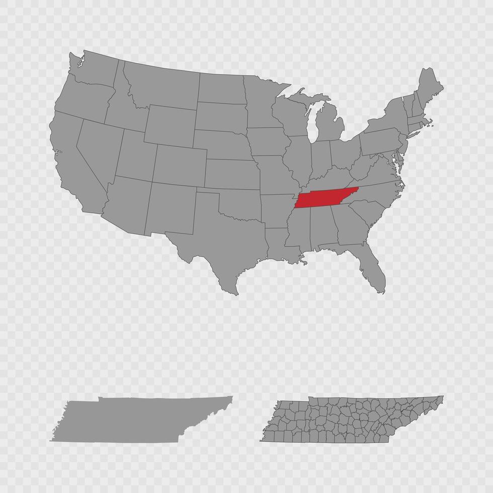 Tennessee map set with USA location, clean outline, and full county breakdown. vector