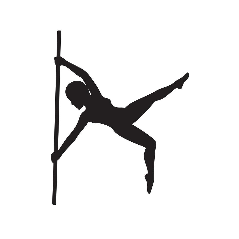 Silhouette of a woman performing pole dance with one leg extended outward vector