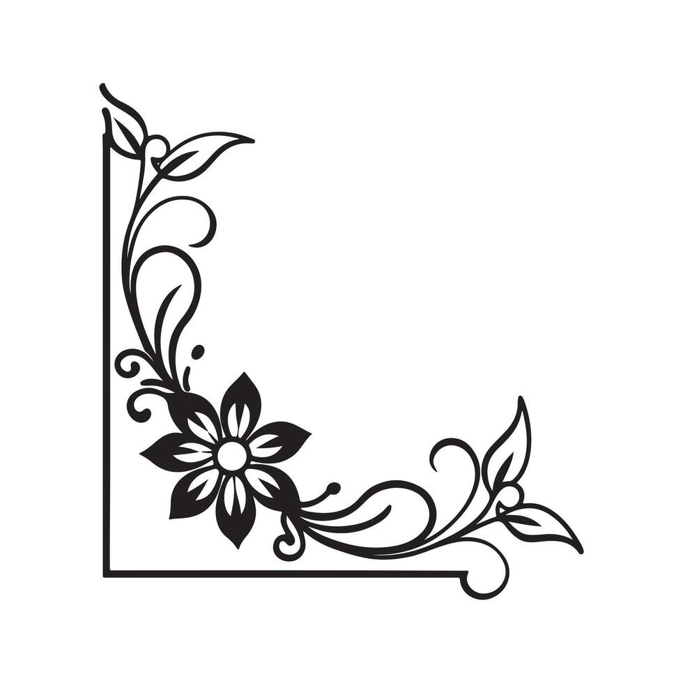 Black floral corner design with leaves and swirls on a white background vector