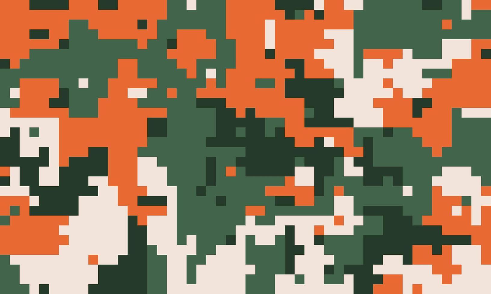 Abstract pixelated camouflage pattern in orange, green, and beige. Ideal for backgrounds, textiles, or digital designs. vector