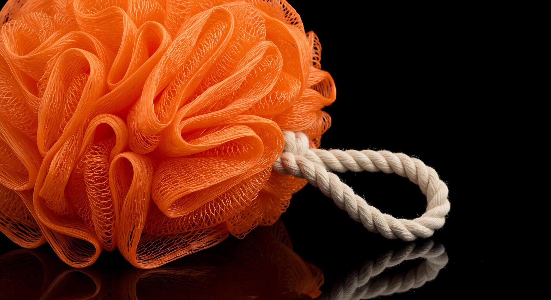 Close-up of an Orange Mesh Bath Sponge with a Light Beige Rope H photo