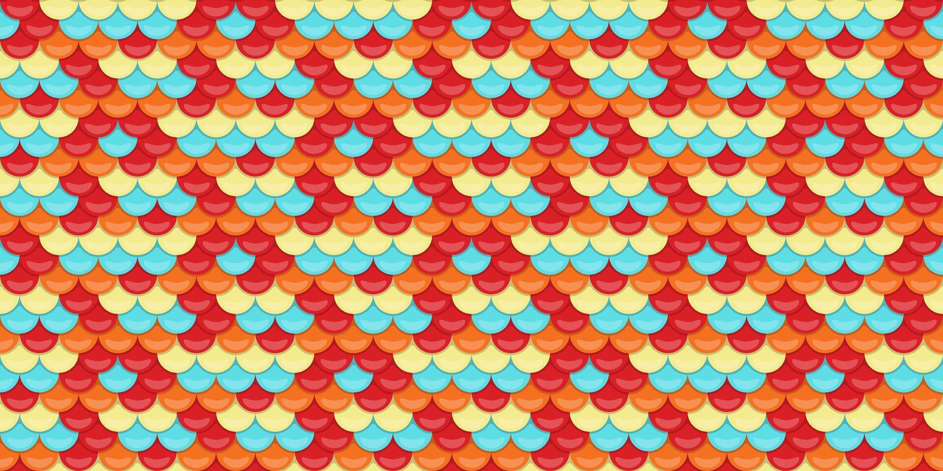 Vibrant fish scale pattern in red, orange, and teal. Perfect for textile design, website backgrounds, or playful branding. vector