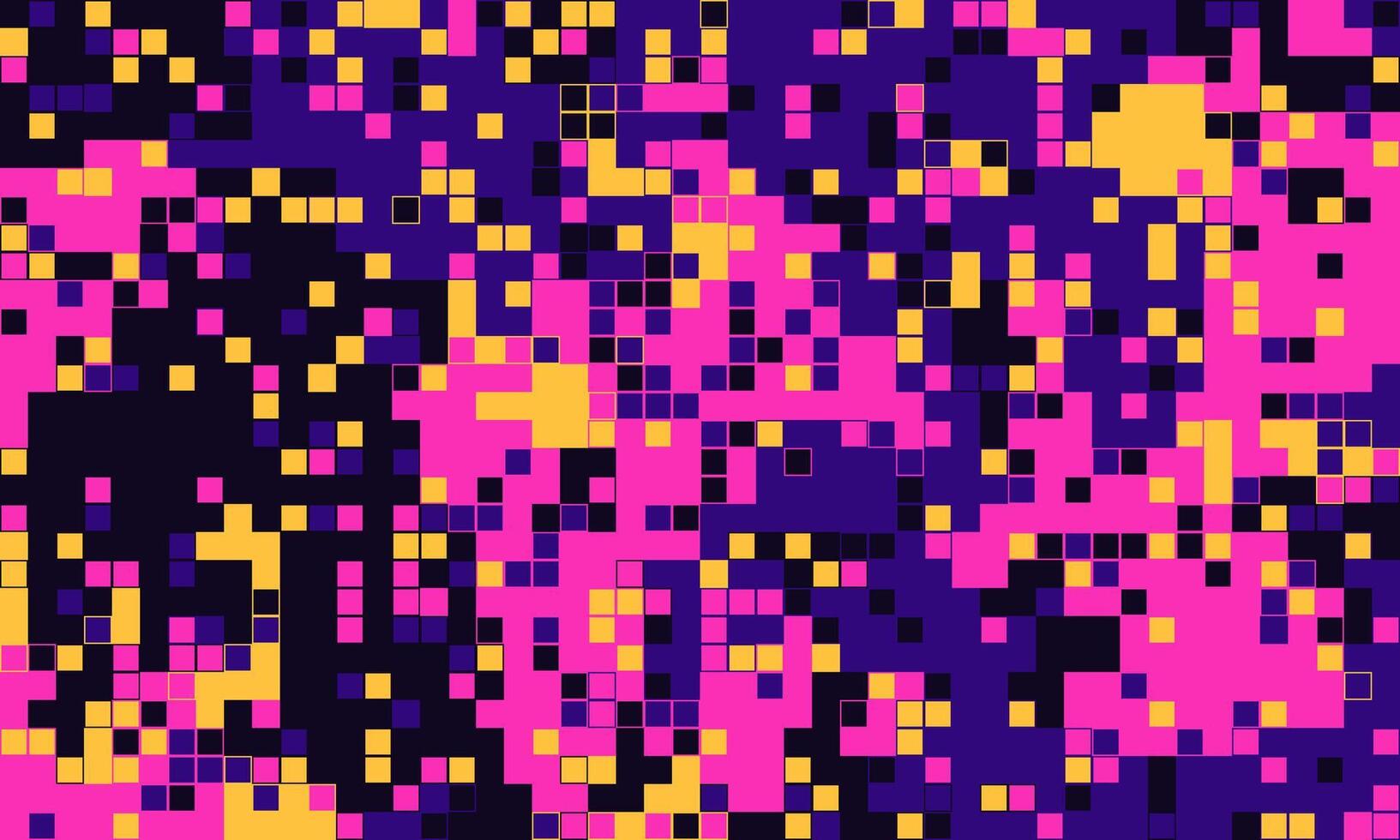 Abstract pixel art background. Vibrant pink, purple, and yellow squares create a dynamic, energetic texture. Ideal for tech, gaming, or fashion designs, adding a retrofuturistic vibe. vector