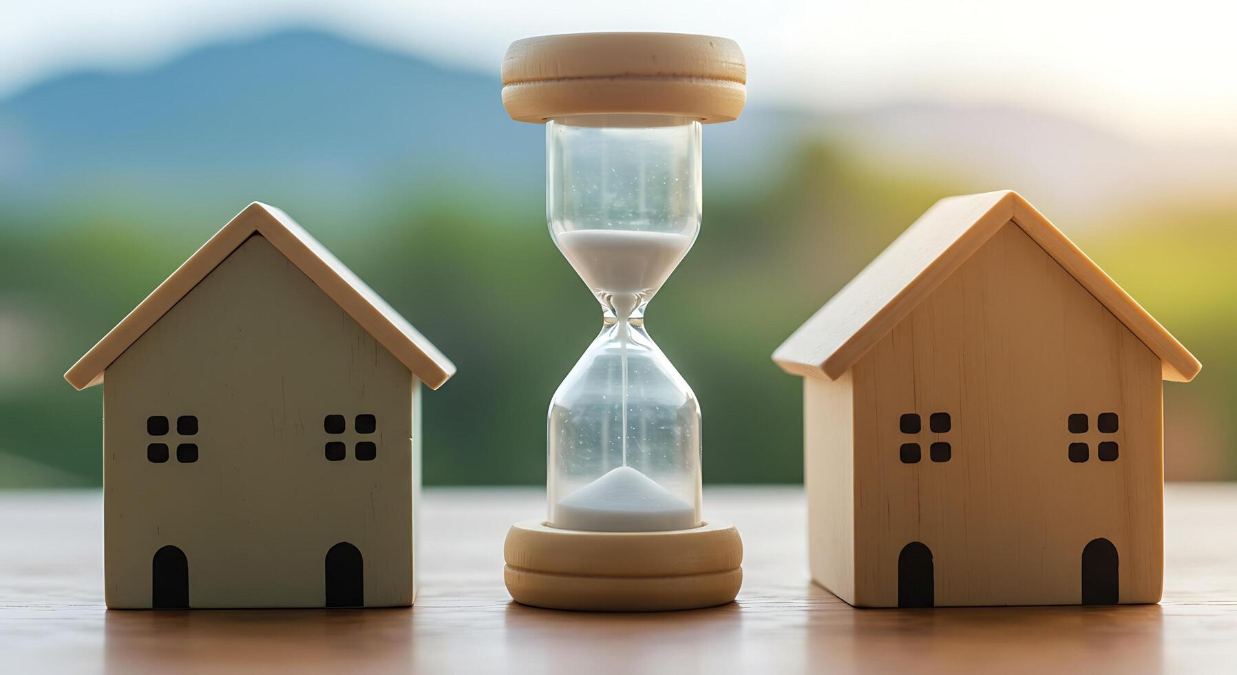 Hourglass Between Two Miniature Houses and Blurred Background photo