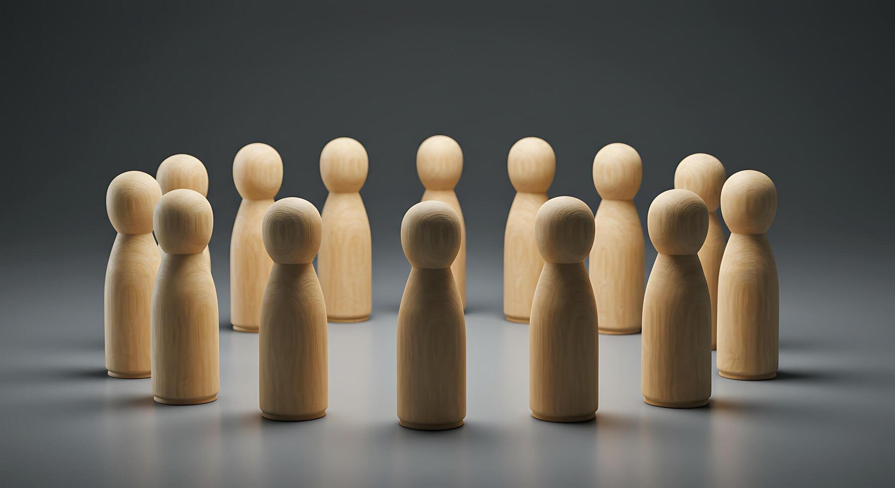 Wooden Peg Dolls Arranged in a Circle on a Reflective Gray Surfa photo