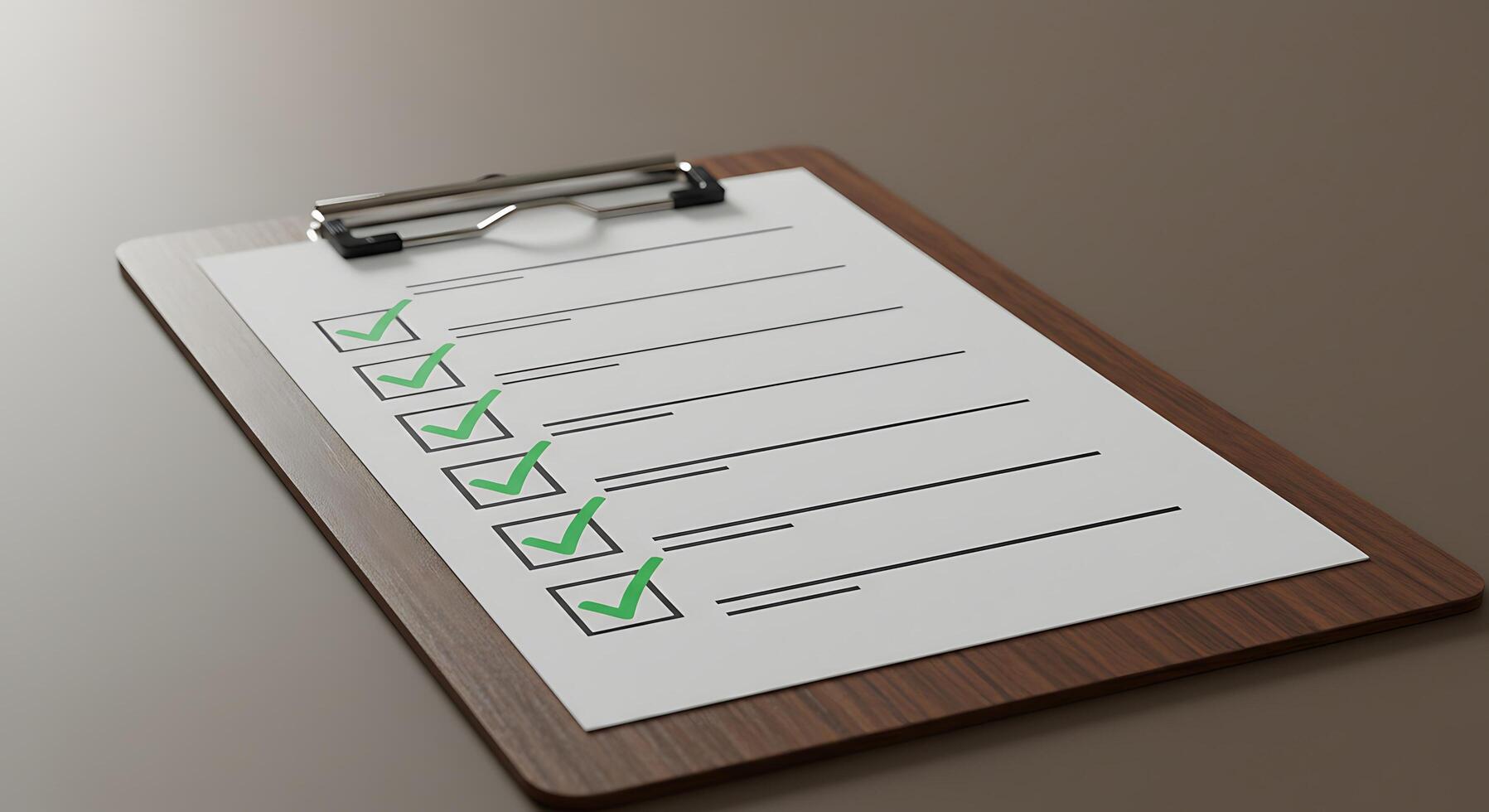 Checklist on Wooden Clipboard with Green Check Marks, Angled Vie photo