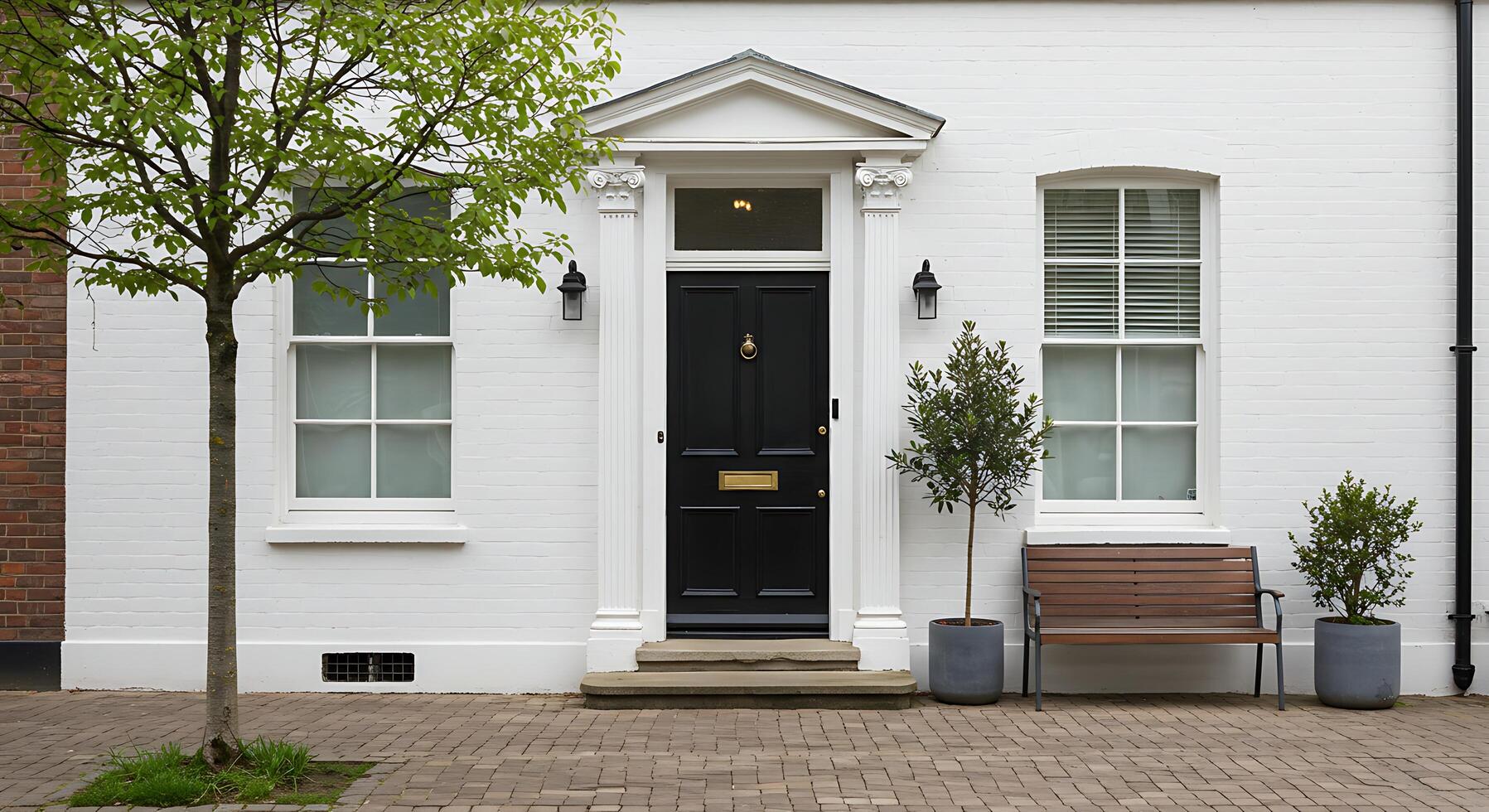 Classic White House Entrance with Black Door and Lush Greenery photo