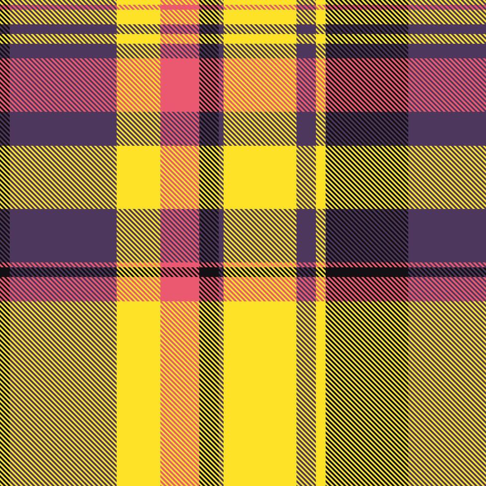 Backdrop check fabric seamless, menu pattern plaid texture. Bedding background textile tartan in yellow and violet colors. vector