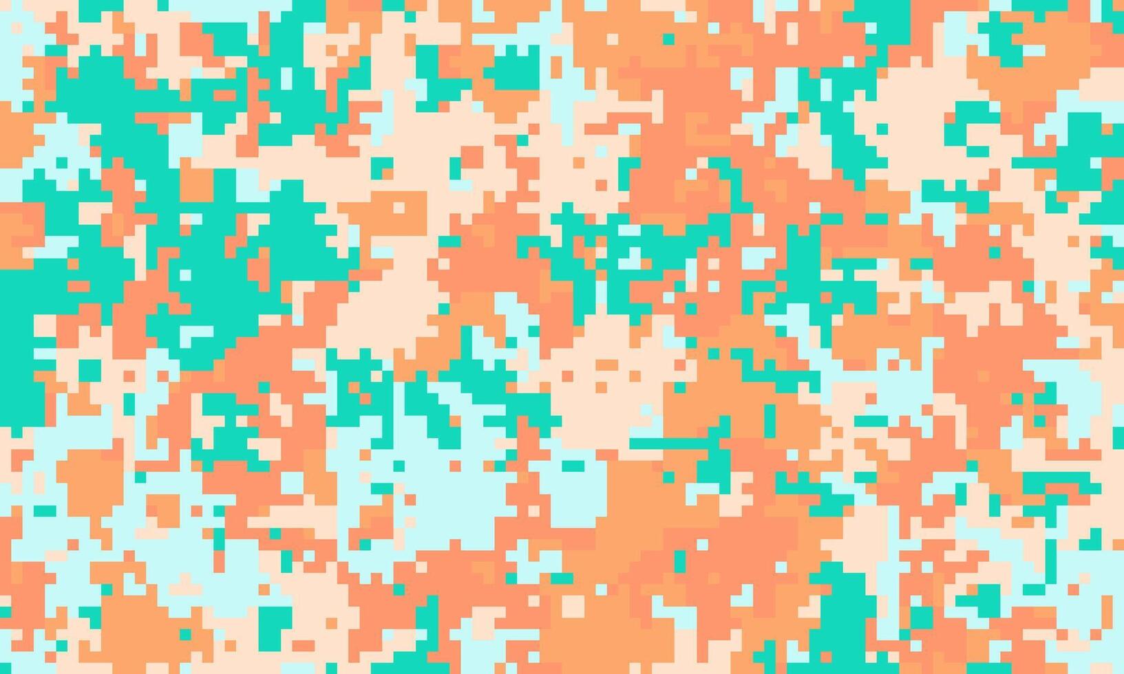 Abstract pixelated camo pattern in pastel peach, teal, and light blue. Perfect for backgrounds, textiles, or digital designs. Evokes a sense of playful camouflage or digital glitch art. vector