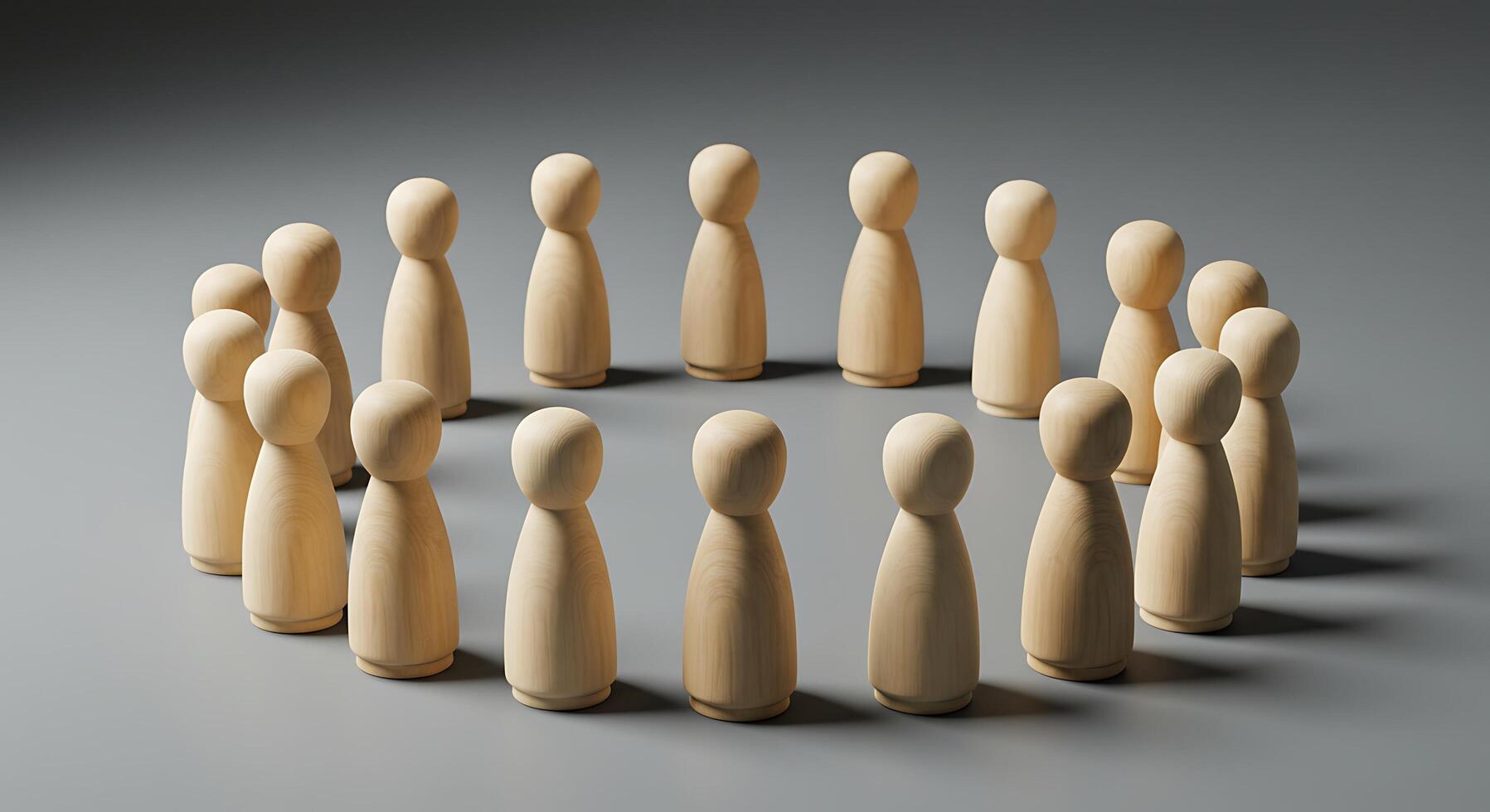 Wooden Figurines Arranged in a Circle on Grey Background photo