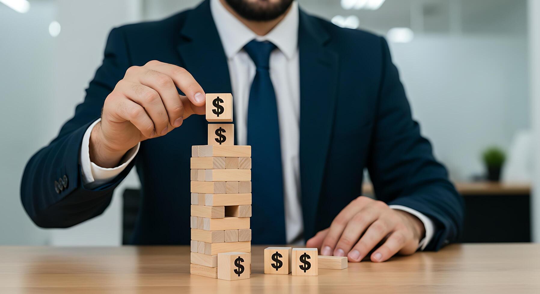 Businessman Building Dollar Sign Tower with Wooden Blocks photo