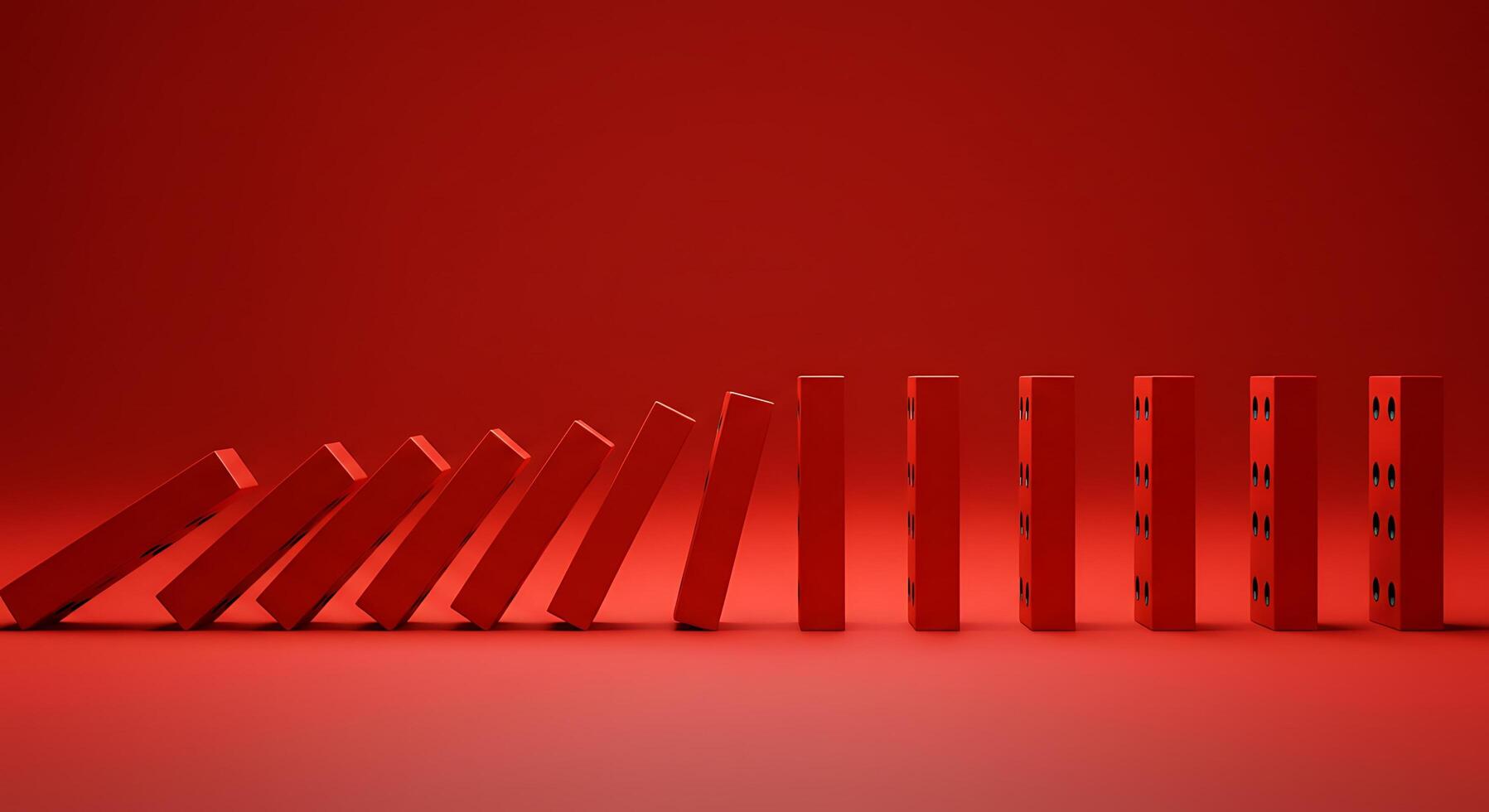 Red dominoes falling in a chain reaction against a matching back photo
