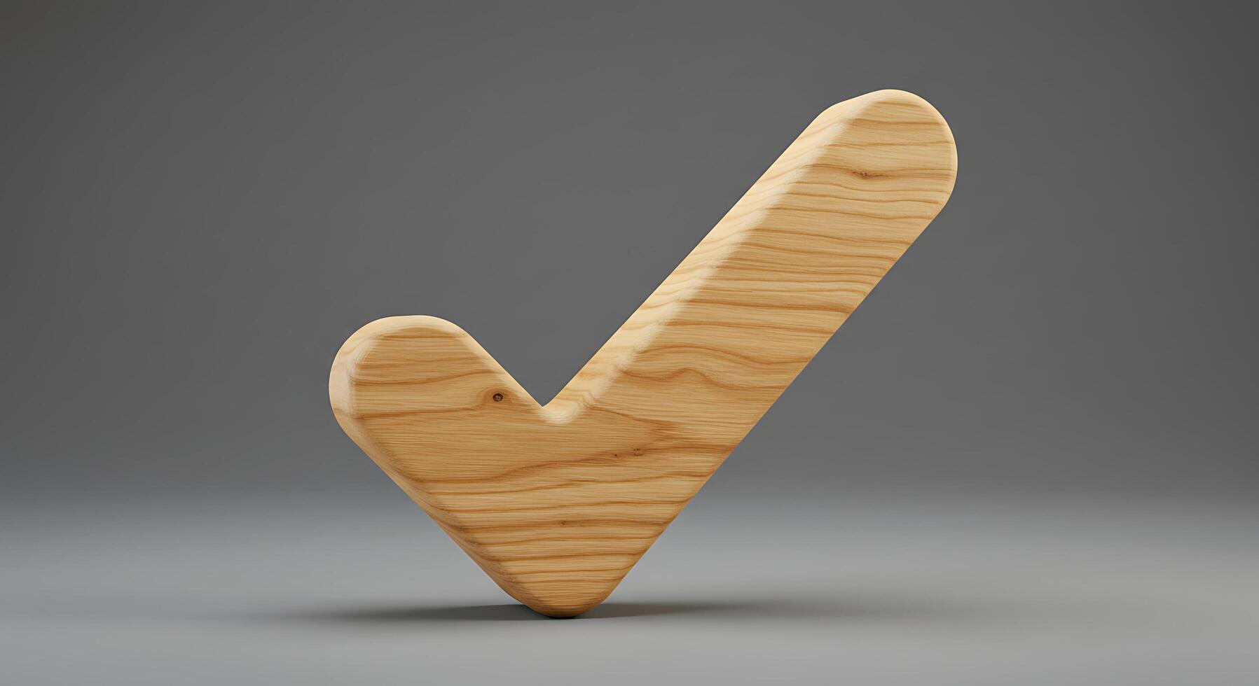 Wooden Check Mark Symbol on Gray Background, Approval and Valida photo