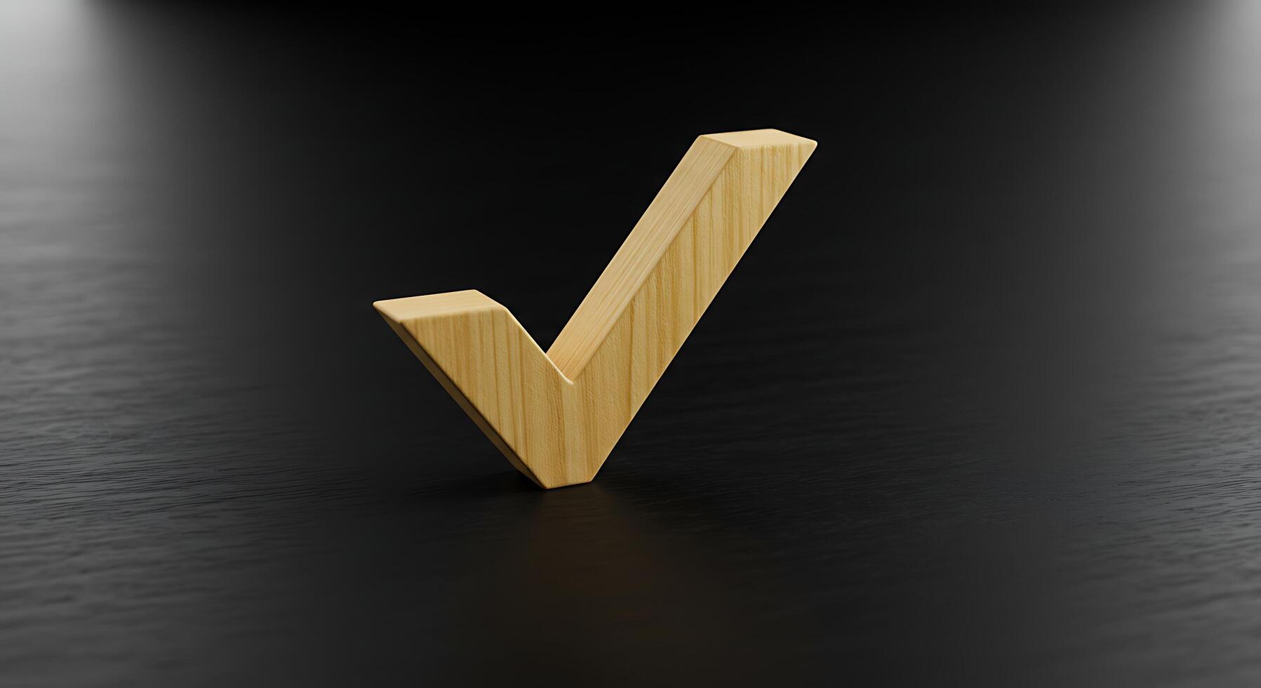 Wooden Check Mark on Dark Surface with Subtle Lighting photo