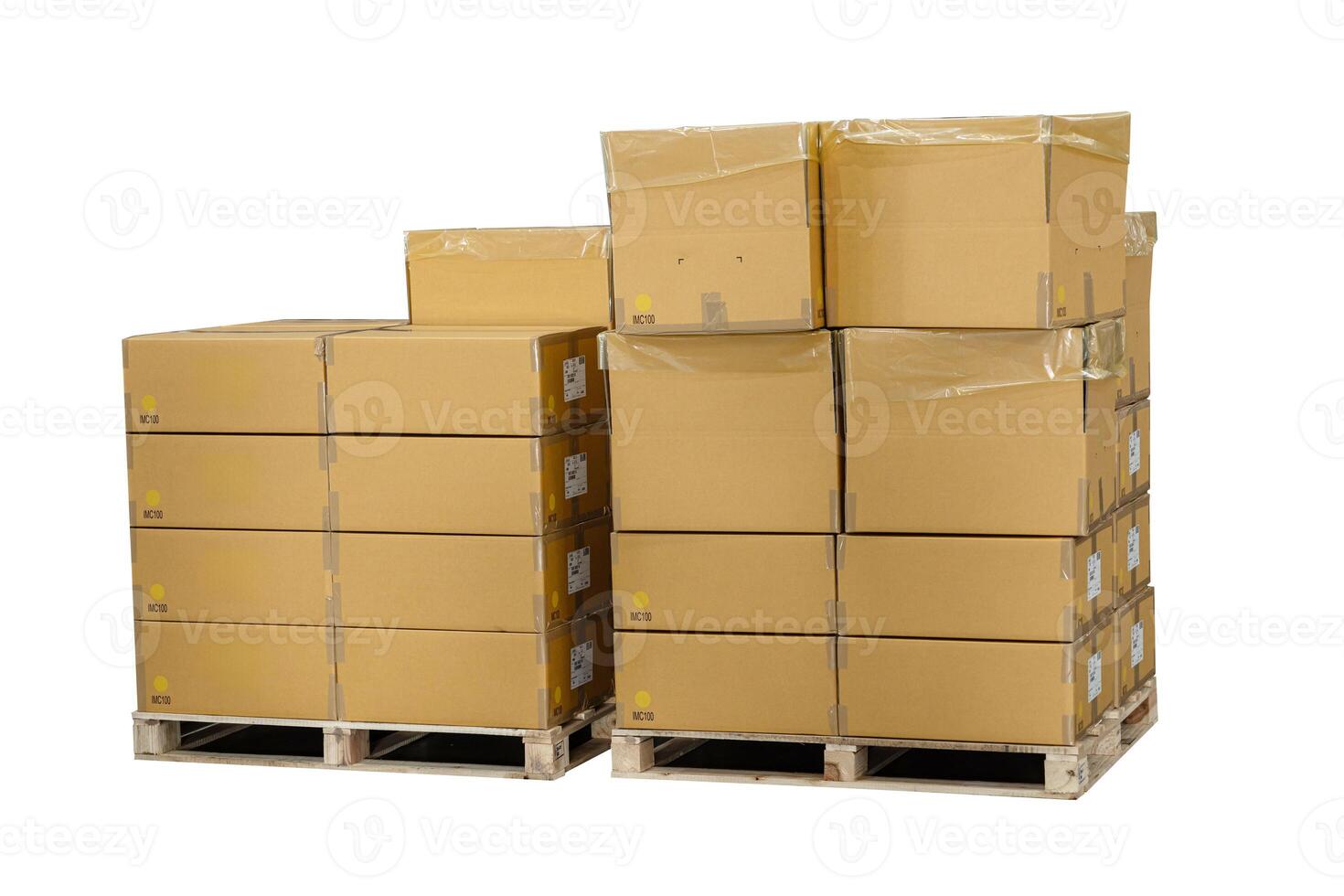 products load on forklift trolley pallet isolated on white background with clipping path photo