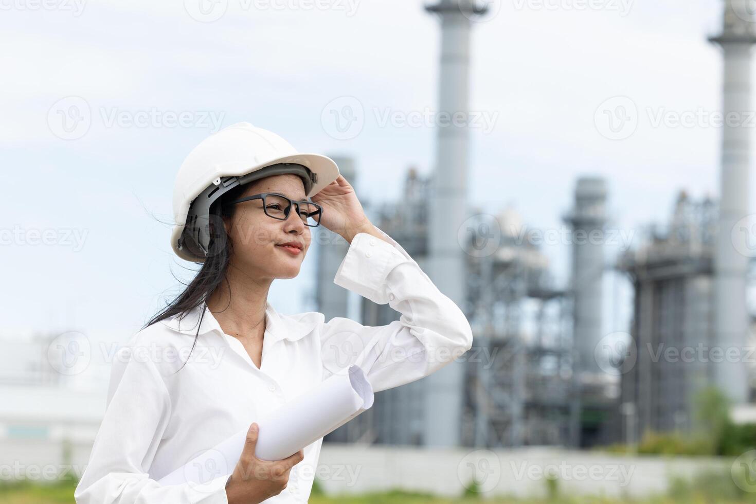 Asian woman engineer holding blueprint in front of oil refinery photo