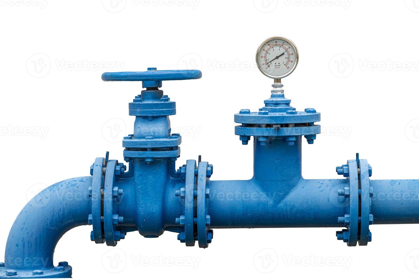 Heavy industry water pipe connector with gate valve pipeline and pressure gauges isolated on white photo