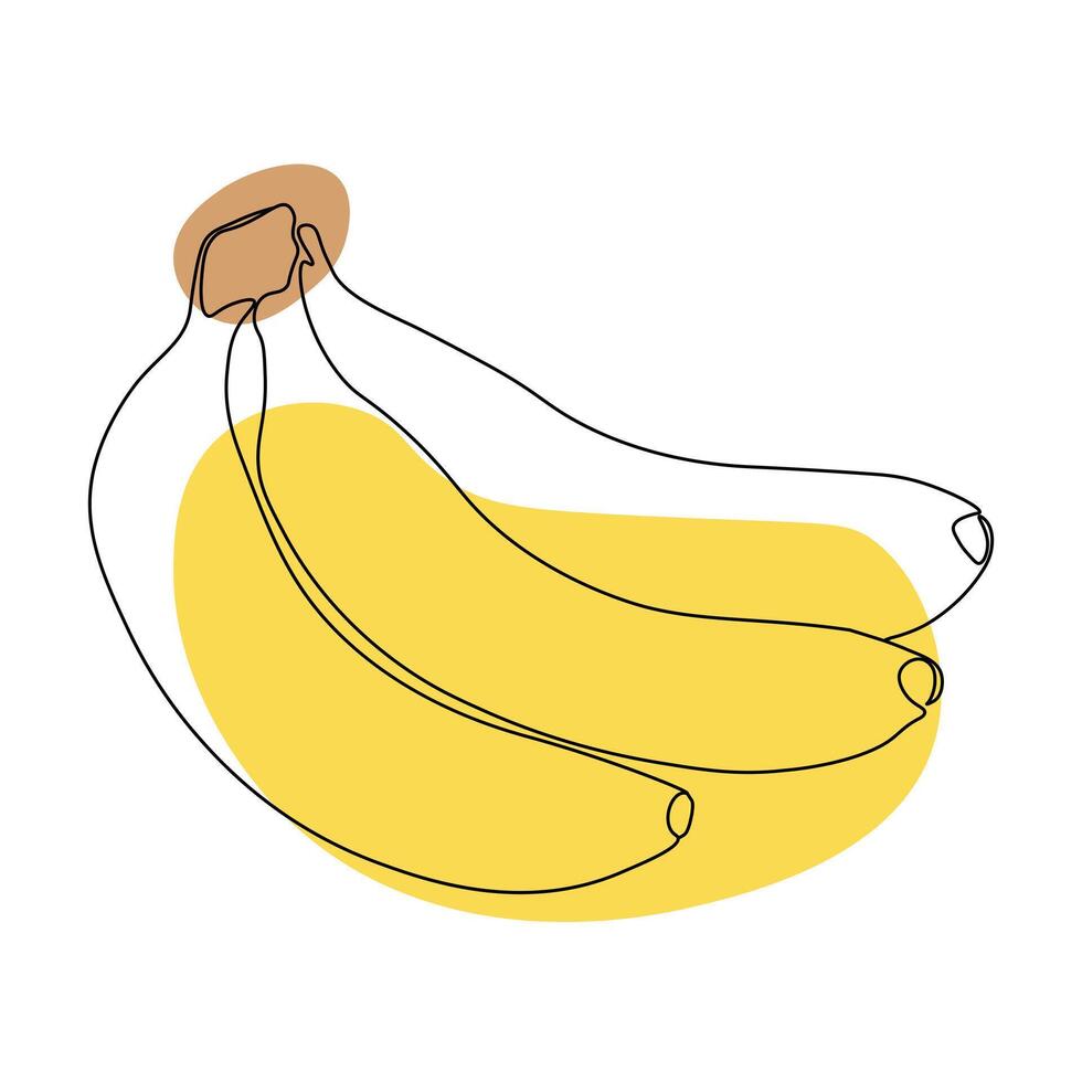 Continuous one line drawing banana. Black line art on white background with colorful spots. Cartoon banana isolated on white background. Vegan concept vector