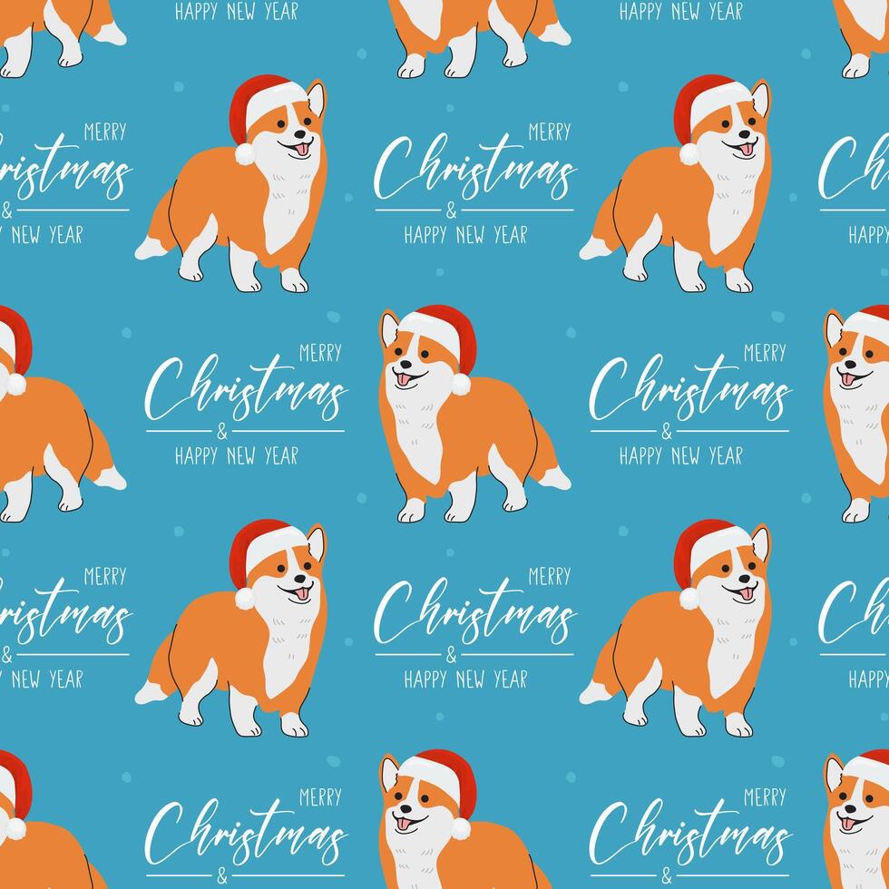 Seamless pattern with Christmas Corgi in hand drawn style. Greeting text Merry Christmas and Happy New Year. Background for wrapping paper, greeting cards and seasonal designs. vector
