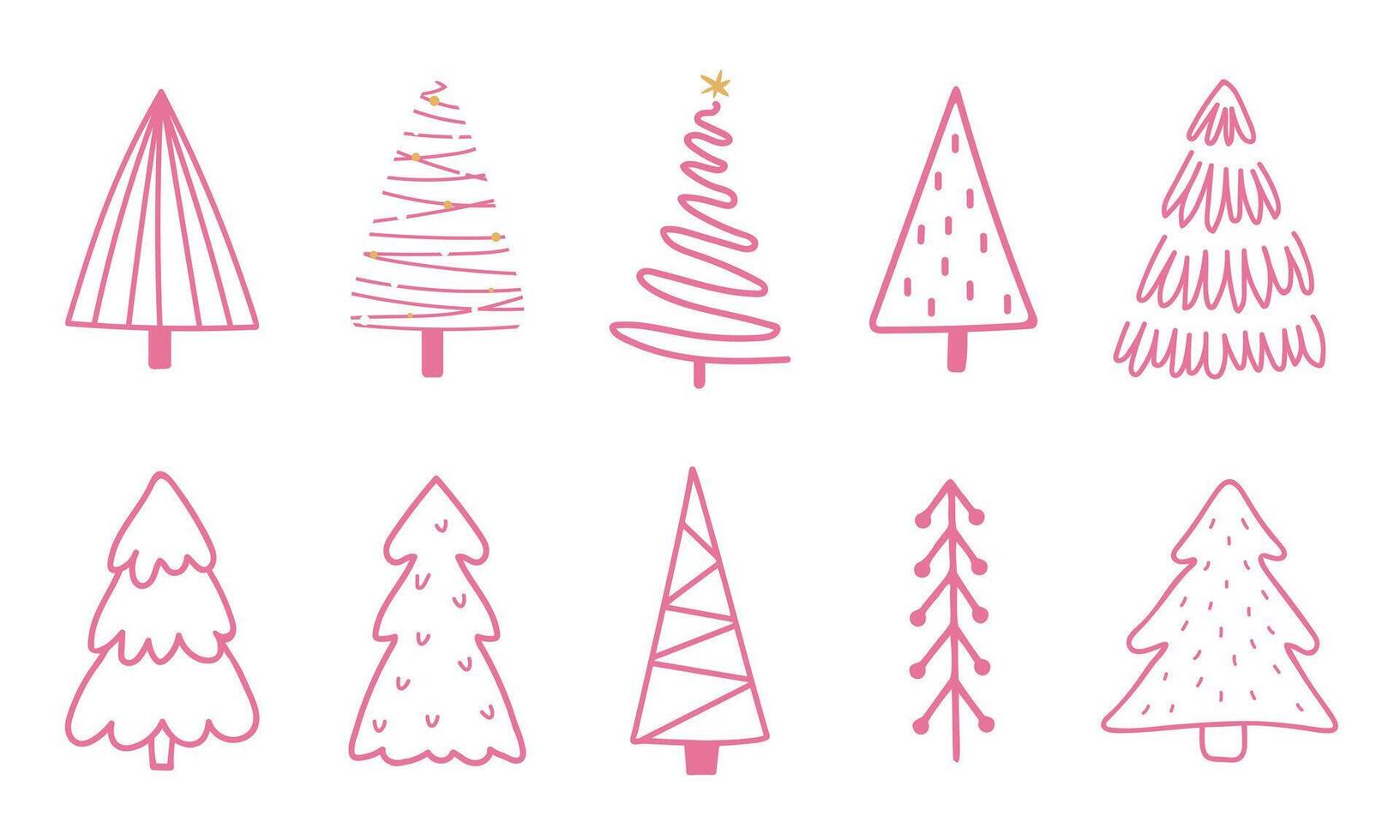 Collection of Christmas trees in pink color. Hand drawn illustrations vector
