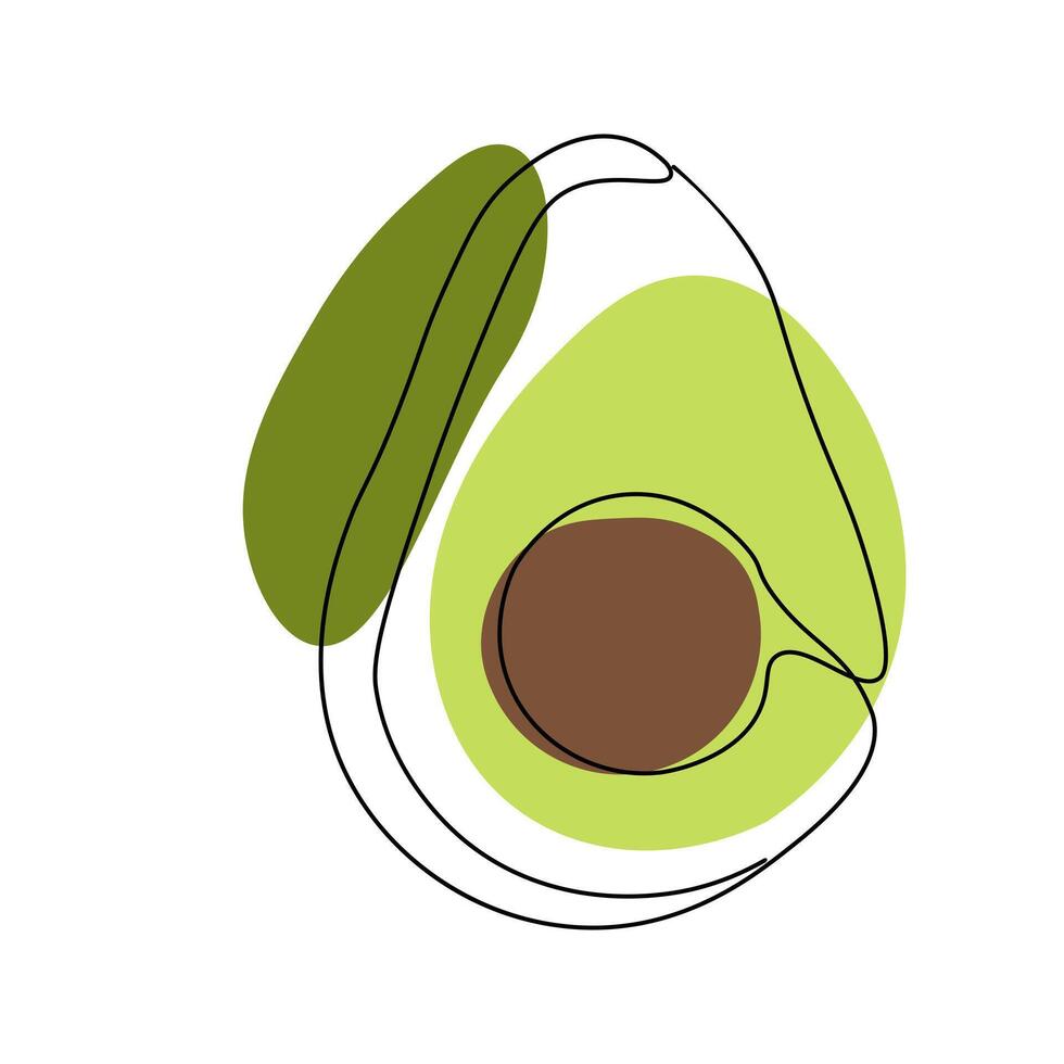 Continuous one line drawing avocado. Black line art on white background with colorful spots. vector
