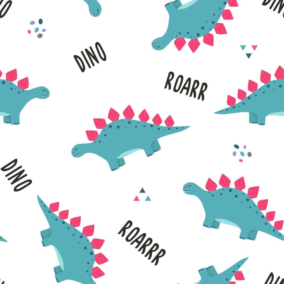 Seamless childish pattern with colorful dinosaurs. Funny little dinosaur. vector