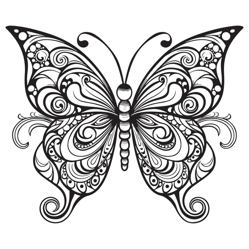 Doodle Ornate Butterfly, Adult Coloring Page Template. illustration vector
