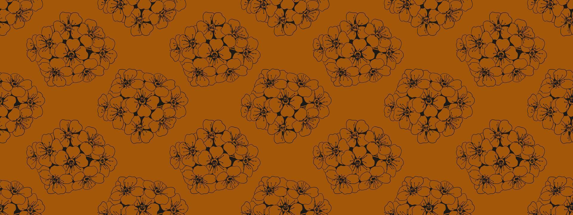 Elegant seamless pattern of stylized floral bouquets in dark brown on a warm, burnt orange background. Perfect for textile prints, wallpaper, website design, or packaging. vector